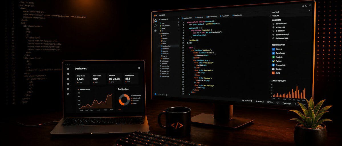 Postazione di lavoro scura con portatile, monitor che mostra codice e una pianta