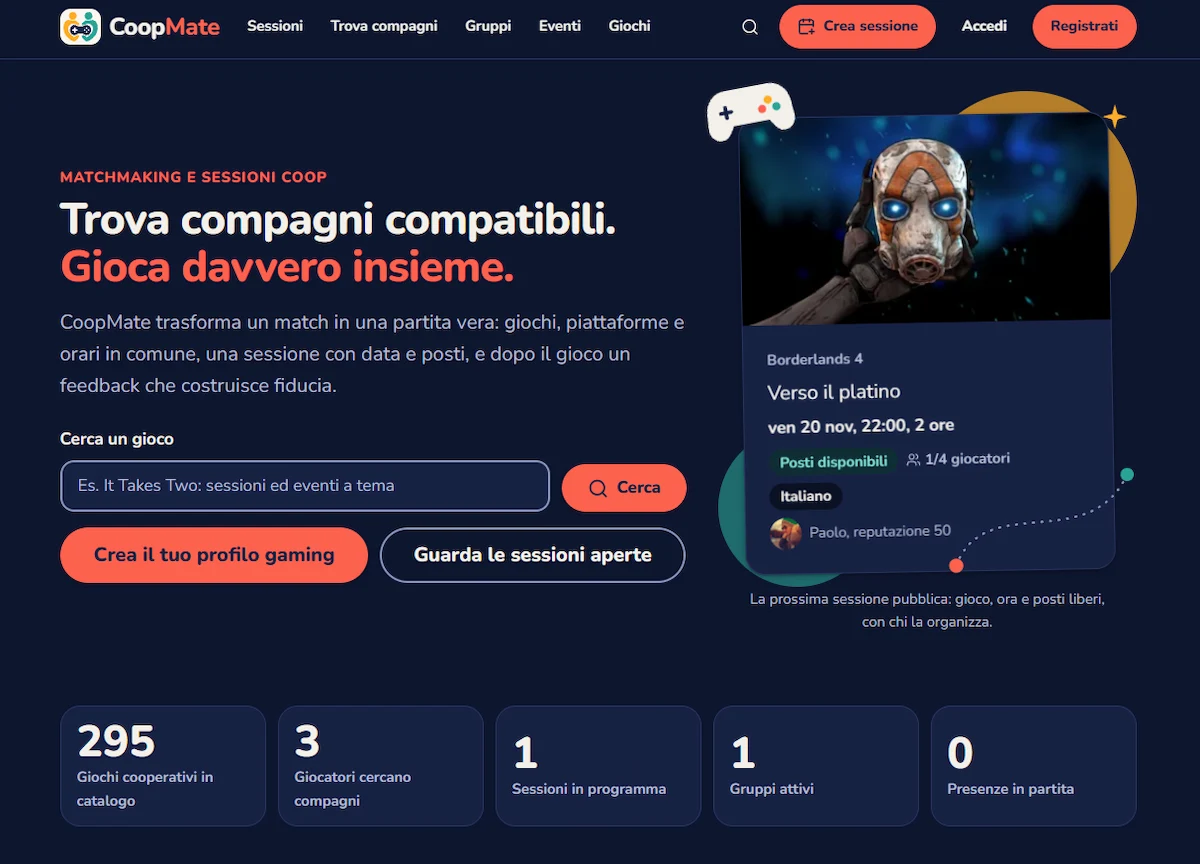 Schermata 1 di CoopMate, piattaforma per il gaming cooperativo