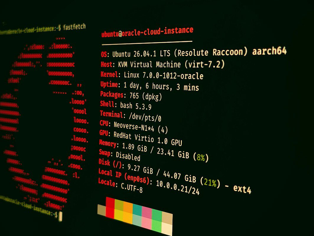 Schermata di terminale con informazioni di sistema in rosso su sfondo nero